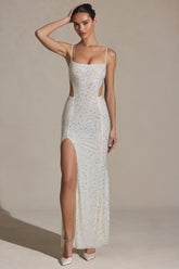 Embellished Cut-Out Fishtail Maxi Dress in White