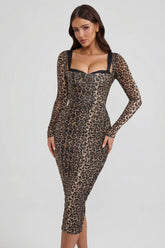 Layered Bra-Detail Ruched Midaxi Dress in Leopard Print