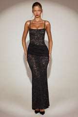Sheer Lace Square-Neck Ruched Gown in Black
