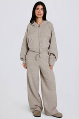Knit Mid-Rise Wide-Leg Joggers in Beige